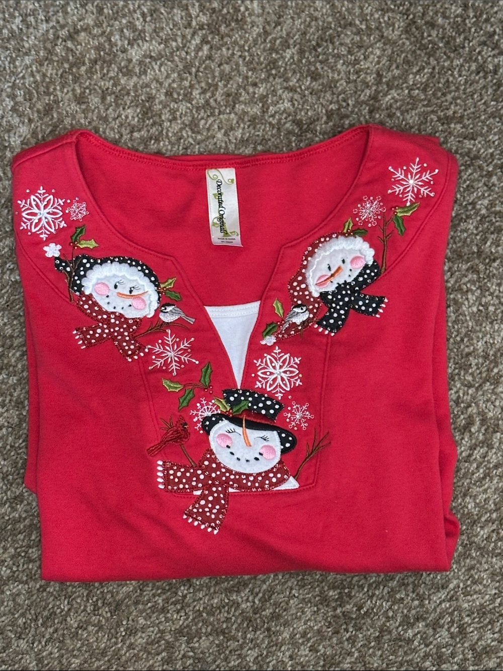 Red Holiday Snowman Embellished V-Neck Top